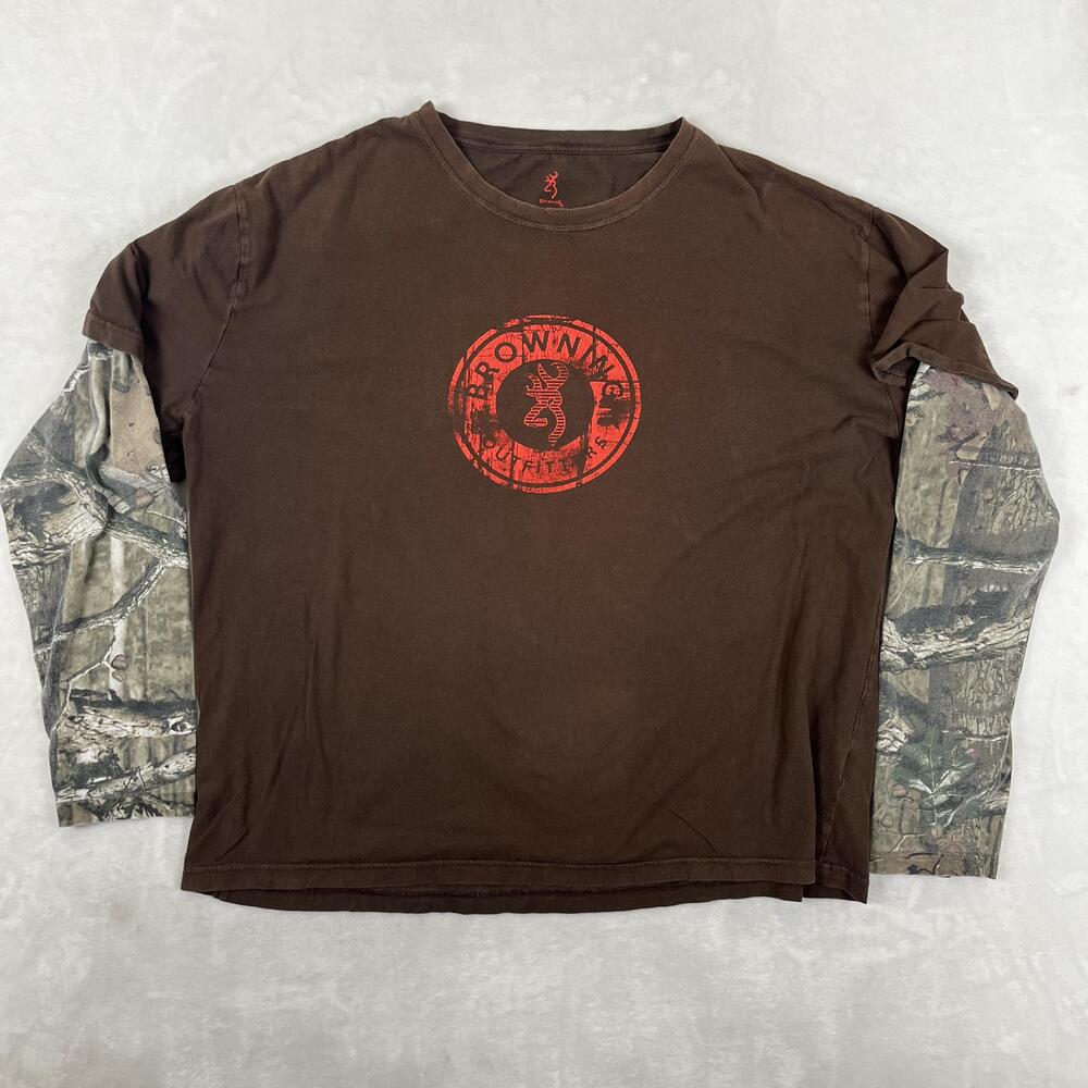 Browning Long Sleeve T-Shirt Mens 2XL Brown Camo Sleeves Hunting Outdoor Logo